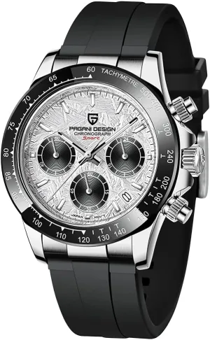 Pagani Design 1664 Men's Watches, VK63 Quartz Movement Rubber Strap 100M Waterproof Panda-Dial Wristwatch Chronograph