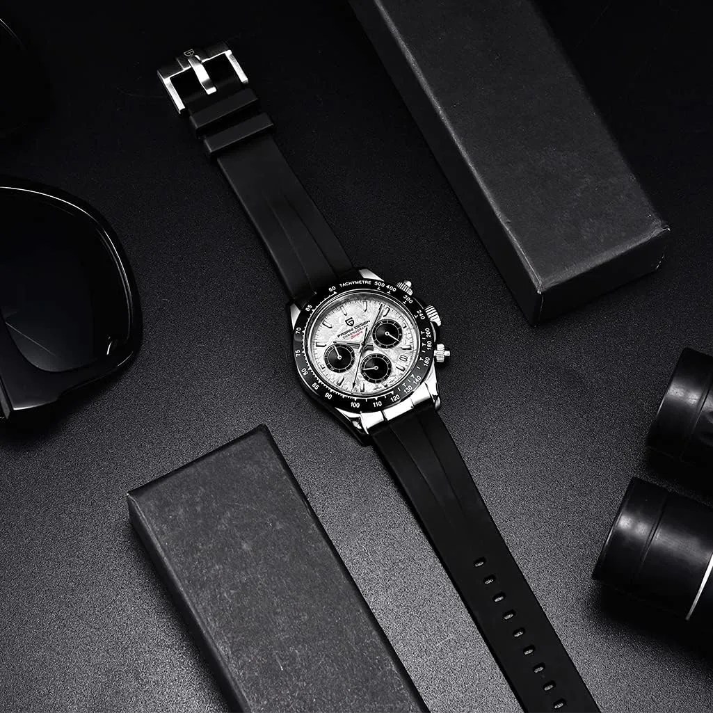 Pagani Design 1664 Men's Watches, VK63 Quartz Movement Rubber Strap 100M Waterproof Panda-Dial Wristwatch Chronograph