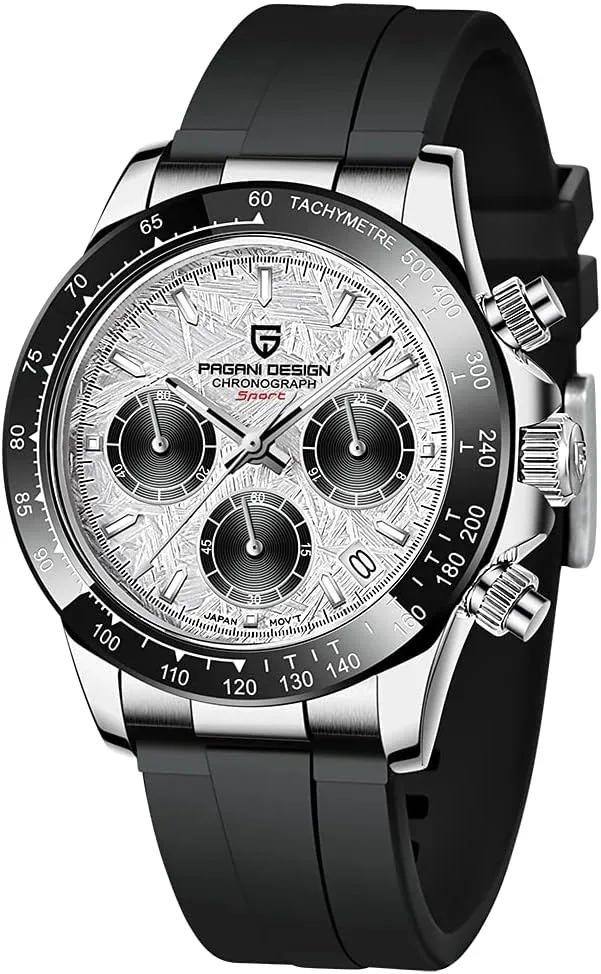 Pagani Design 1664 Men's Watches, VK63 Quartz Movement Rubber Strap 100M Waterproof Panda-Dial Wristwatch Chronograph