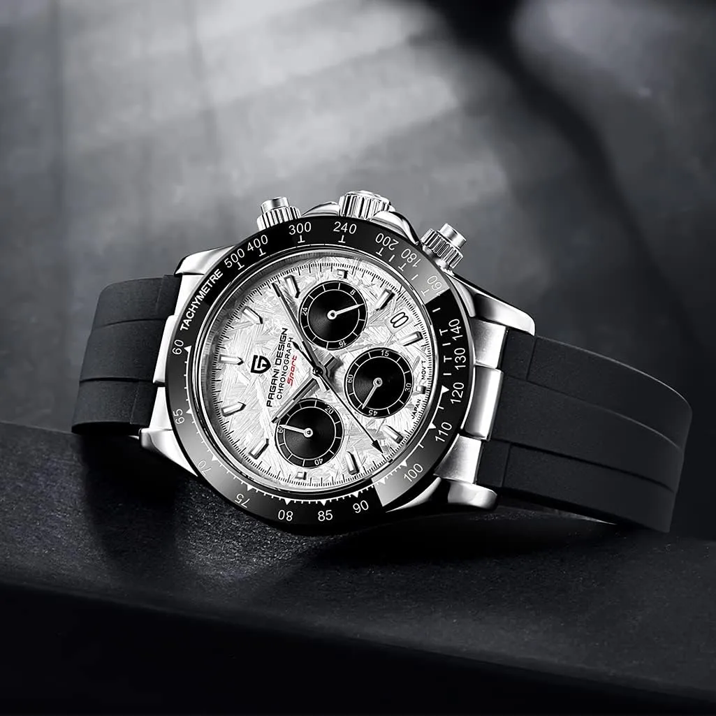 Pagani Design 1664 Men's Watches, VK63 Quartz Movement Rubber Strap 100M Waterproof Panda-Dial Wristwatch Chronograph