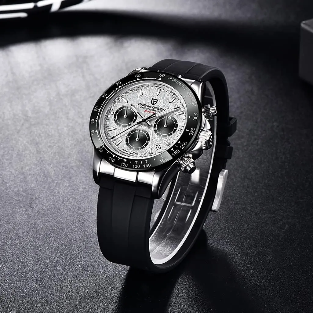 Pagani Design 1664 Men's Watches, VK63 Quartz Movement Rubber Strap 100M Waterproof Panda-Dial Wristwatch Chronograph