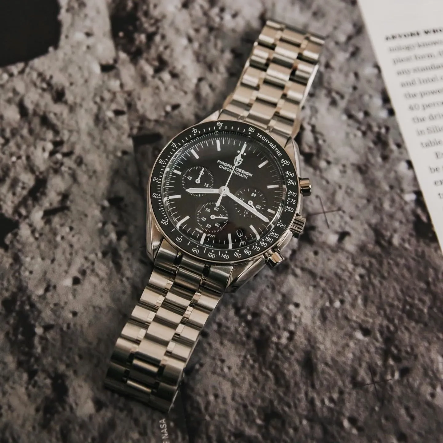 Pagani Design 1701 Men's Watch, Chronograph, VK63 Japanese Quartz Movement, Stainless Steel Bracelet, Water Resistant to 330 Feet (100 Meters), Sapphire Glass Wristwatch.