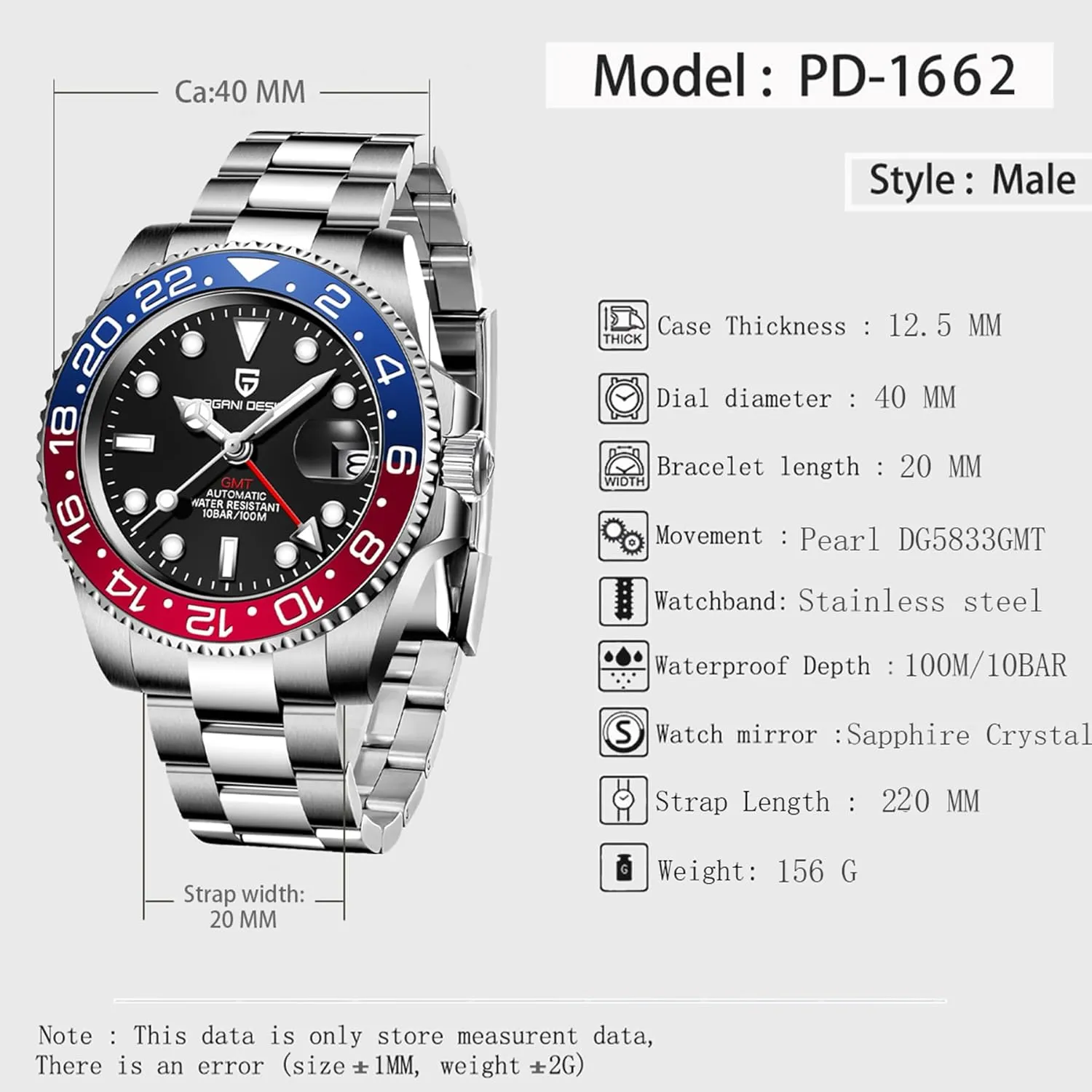 Pagani Design GMT Automatic Mechanical Men's Watch Rotating Ceramic Bezel Stainless Steel Watch with Date Function Men's Sport Watch
