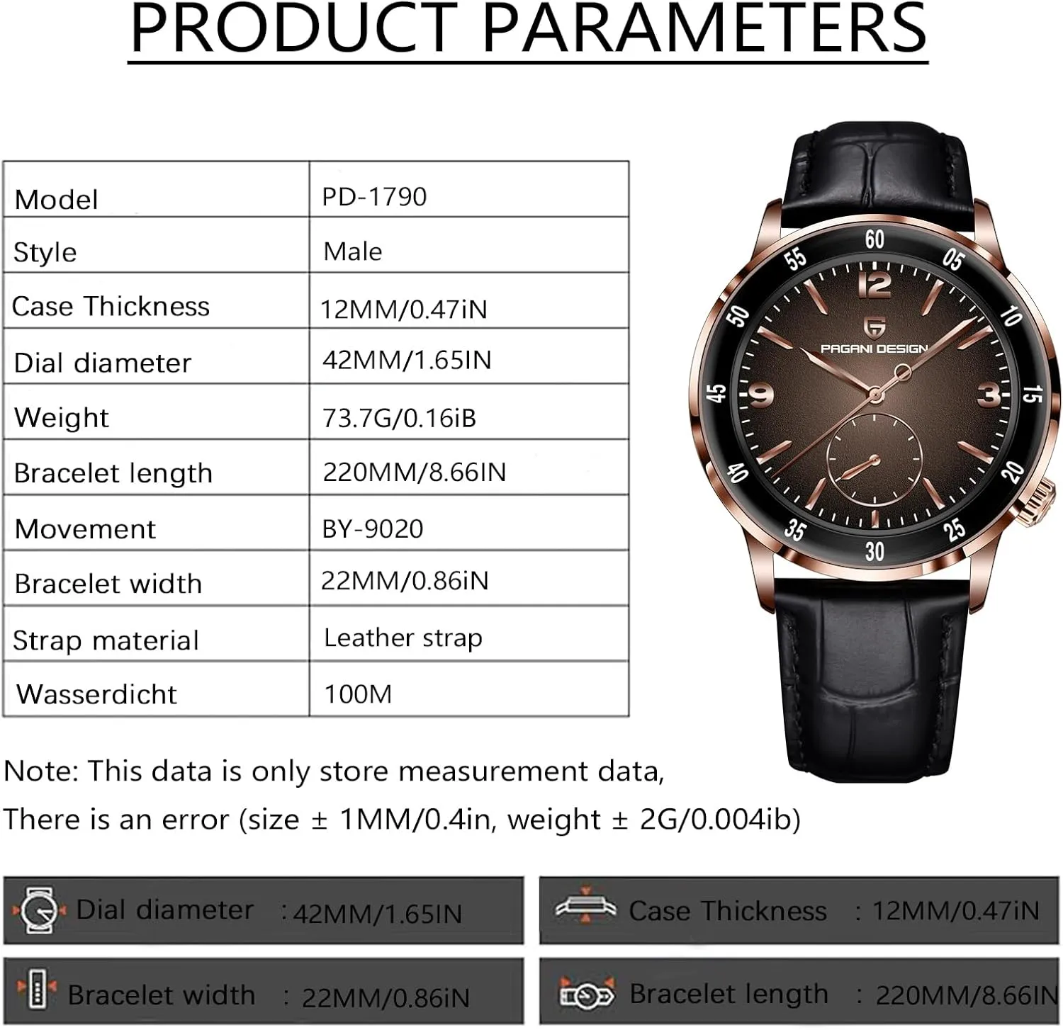 Pagani Design Men's Automatic Watch 42MM Large Dial Mechanical Movement Stainless Steel Bezel Sapphire Glass Lens 100M Waterproof Simple Easy to Read Casual Business Leather Strap