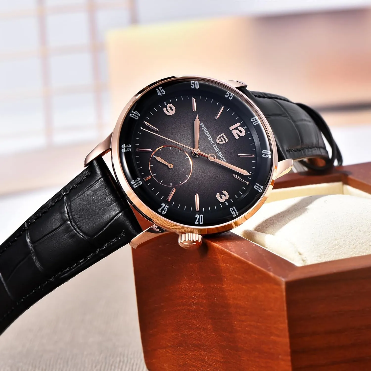 Pagani Design Men's Automatic Watch 42MM Large Dial Mechanical Movement Stainless Steel Bezel Sapphire Glass Lens 100M Waterproof Simple Easy to Read Casual Business Leather Strap
