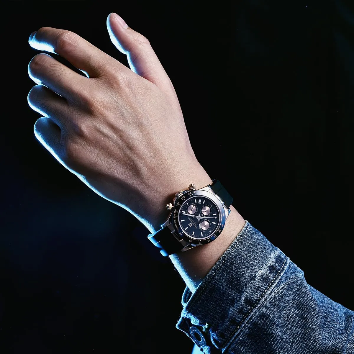 Pagani Design Men's Quartz Watch Simple Style High Precision Chronograph Waterproof Ceramic Bezel Stainless Steel Chain