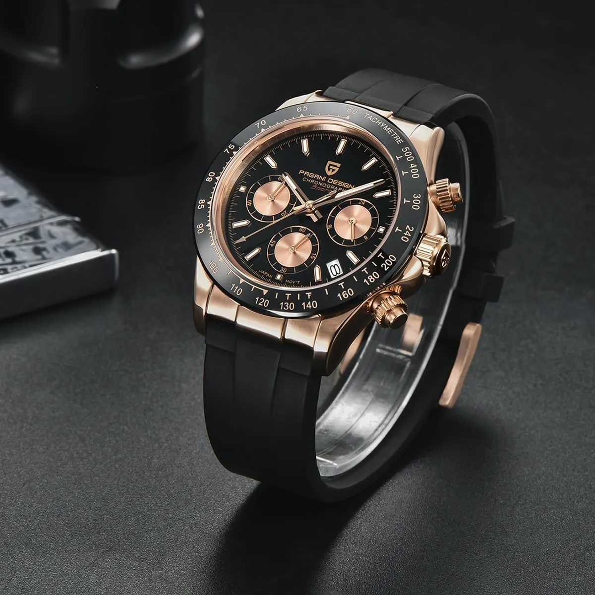 Pagani Design Men's Quartz Watch Simple Style High Precision Chronograph Waterproof Ceramic Bezel Stainless Steel Chain