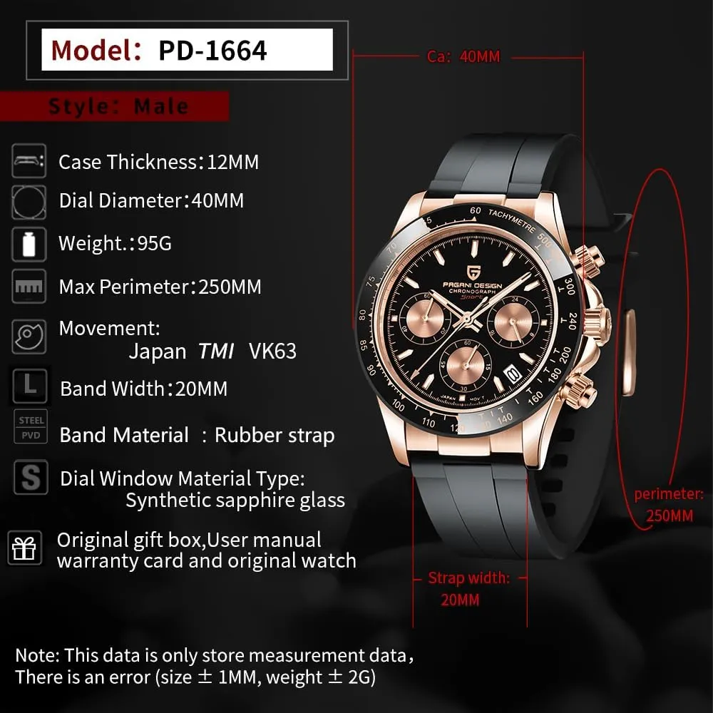 Pagani Design Men's Quartz Watch Simple Style High Precision Chronograph Waterproof Ceramic Bezel Stainless Steel Chain