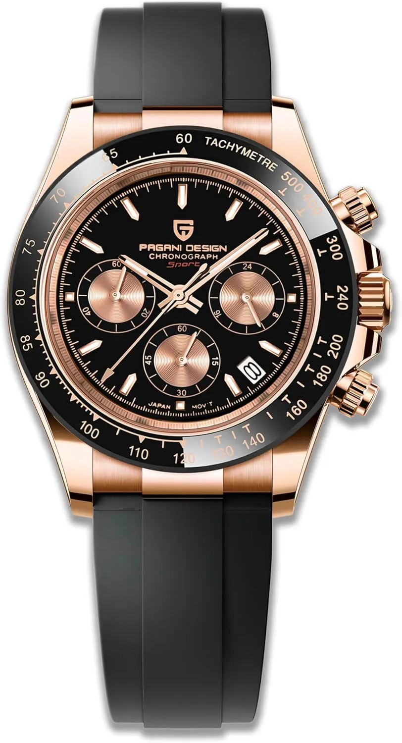 Pagani Design Men's Quartz Watch Simple Style High Precision Chronograph Waterproof Ceramic Bezel Stainless Steel Chain