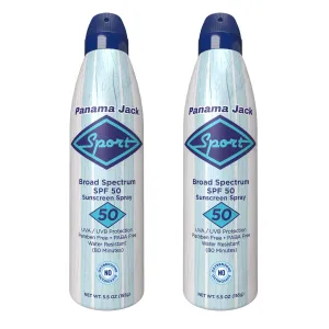 Panama Jack Sport Sunscreen Spray - SPF 50, Broad Spectrum UVA/UVB Protection, PABA, Paraben, Gluten & Cruelty Free, Water Resistant (80 Minutes), 5.5 OZ (Pack of 2)