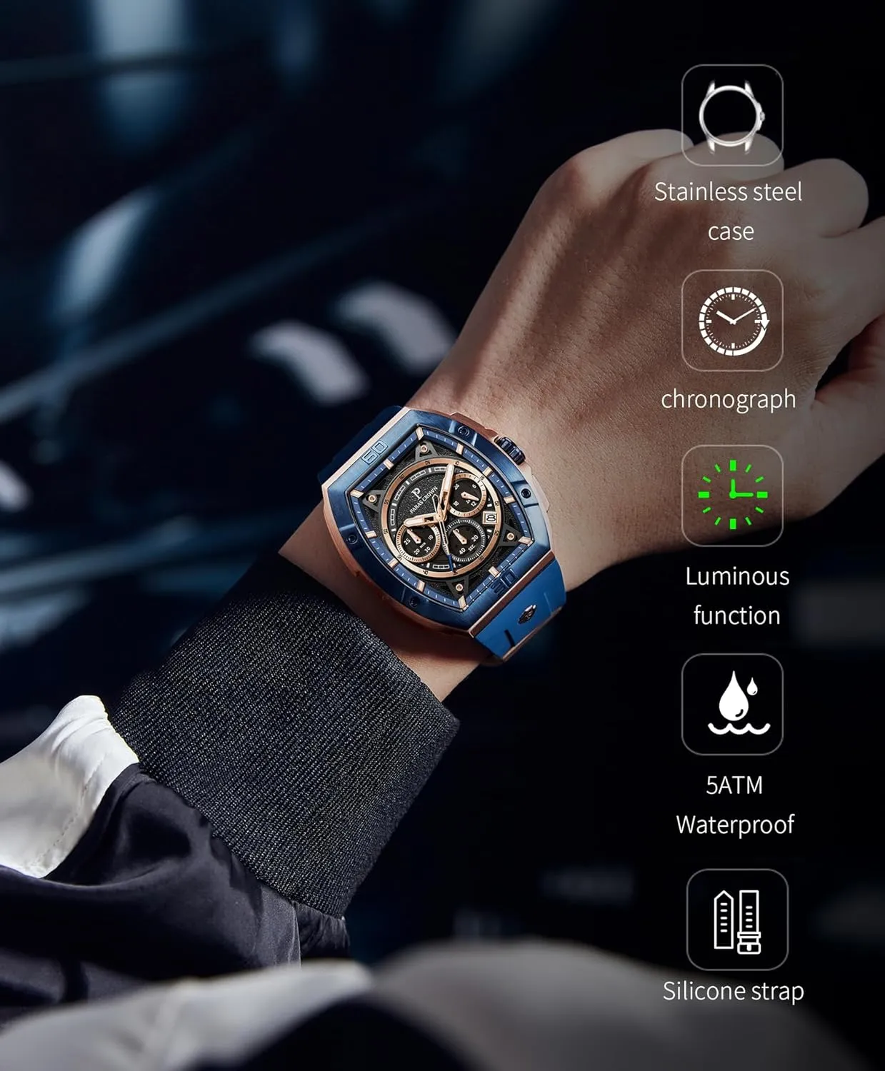 Paras Crown Watches for Men Tonneau 5ATM Waterproof Quartz Luxury Chronograph Analog Men's Wrist Watches Stainless Steel Case Mens Watches