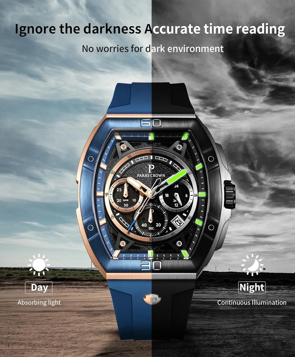 Paras Crown Watches for Men Tonneau 5ATM Waterproof Quartz Luxury Chronograph Analog Men's Wrist Watches Stainless Steel Case Mens Watches