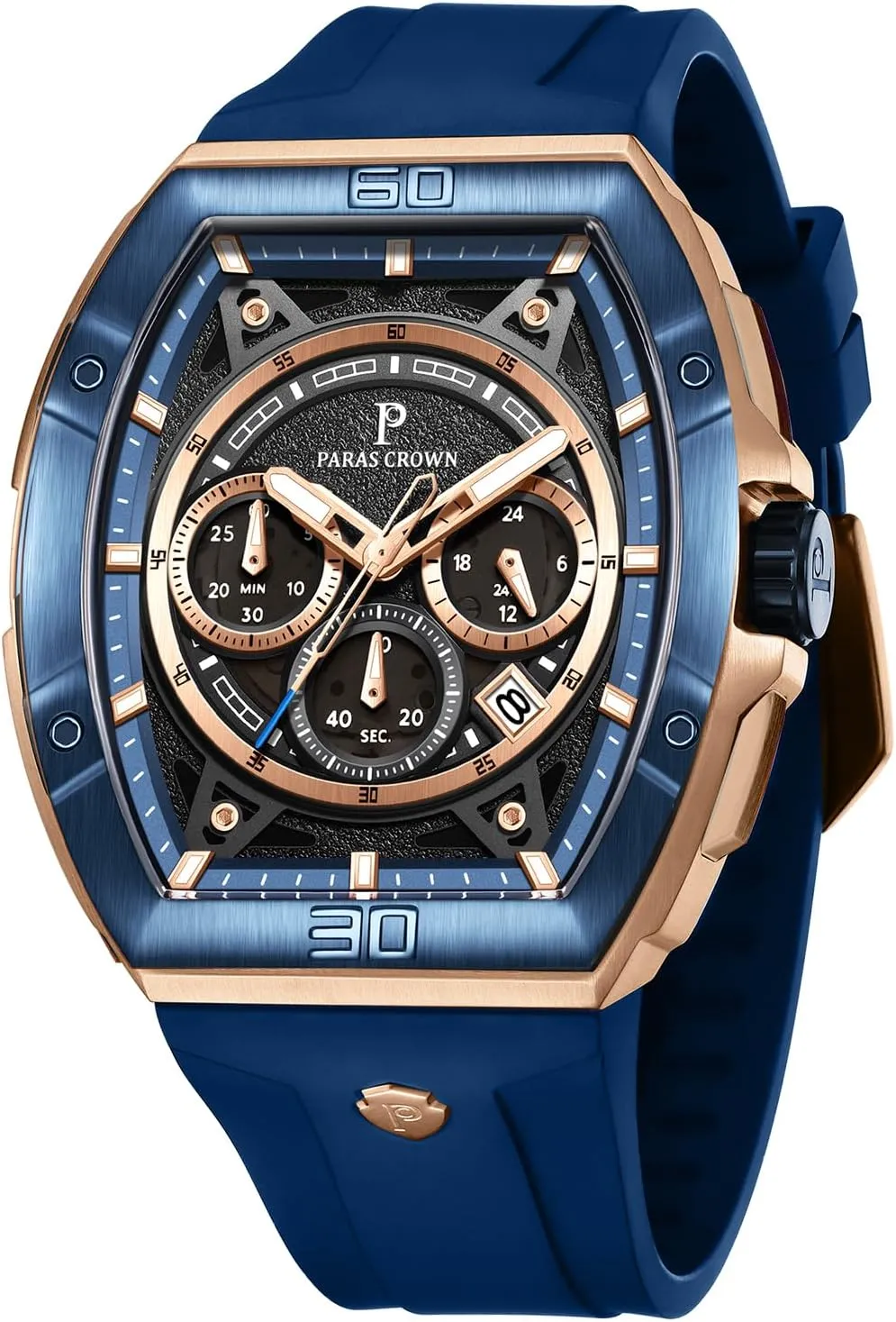 Paras Crown Watches for Men Tonneau 5ATM Waterproof Quartz Luxury Chronograph Analog Men's Wrist Watches Stainless Steel Case Mens Watches
