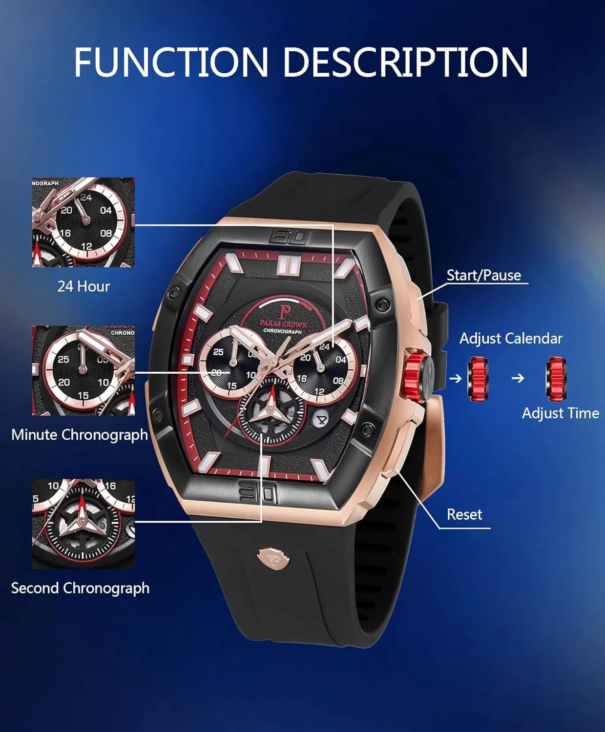Paras Crown Watches for Men Tonneau 5ATM Waterproof Quartz Luxury Chronograph Analog Men's Wrist Watches Stainless Steel Case Mens Watches