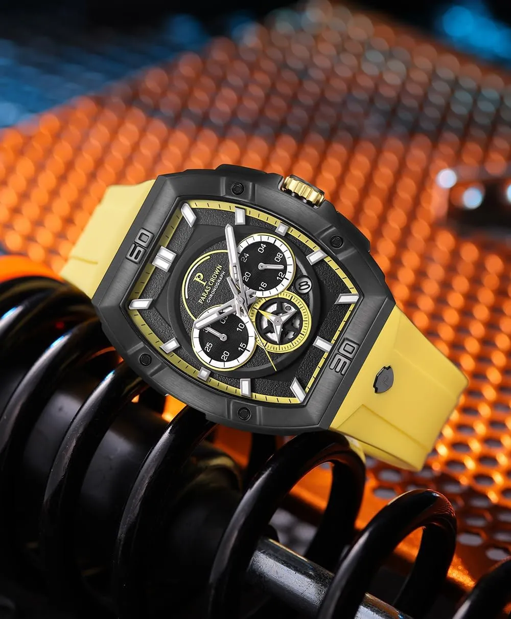 Paras Crown Watches for Men Tonneau 5ATM Waterproof Quartz Luxury Chronograph Analog Men's Wrist Watches Stainless Steel Case Mens Watches