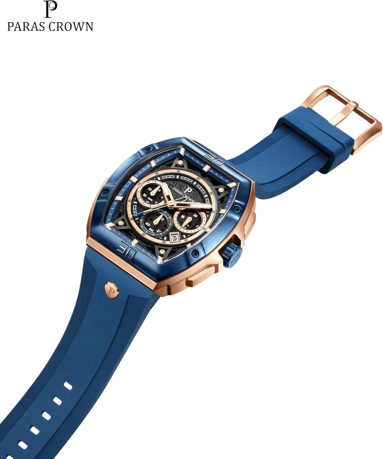 Paras Crown Watches for Men Tonneau 5ATM Waterproof Quartz Luxury Chronograph Analog Men's Wrist Watches Stainless Steel Case Mens Watches