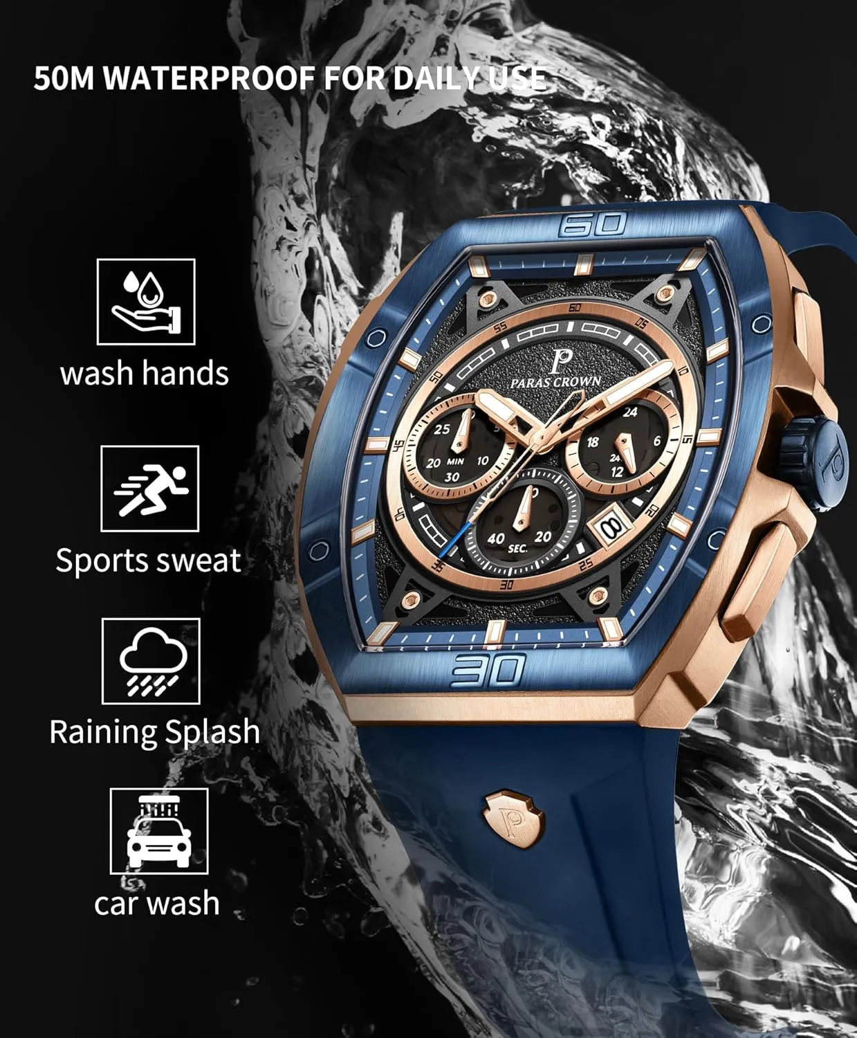 Paras Crown Watches for Men Tonneau 5ATM Waterproof Quartz Luxury Chronograph Analog Men's Wrist Watches Stainless Steel Case Mens Watches