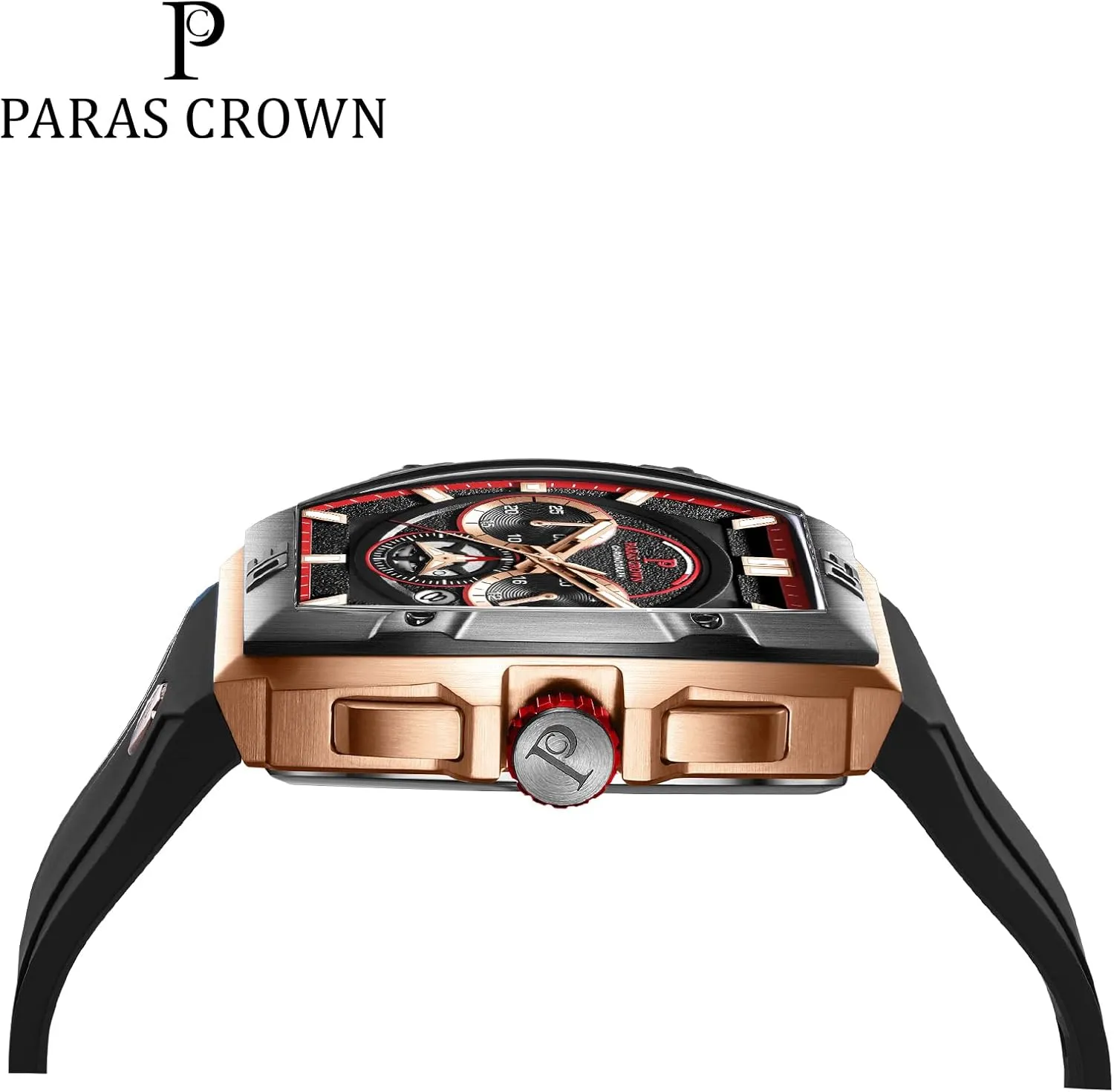 Paras Crown Watches for Men Tonneau 5ATM Waterproof Quartz Luxury Chronograph Analog Men's Wrist Watches Stainless Steel Case Mens Watches