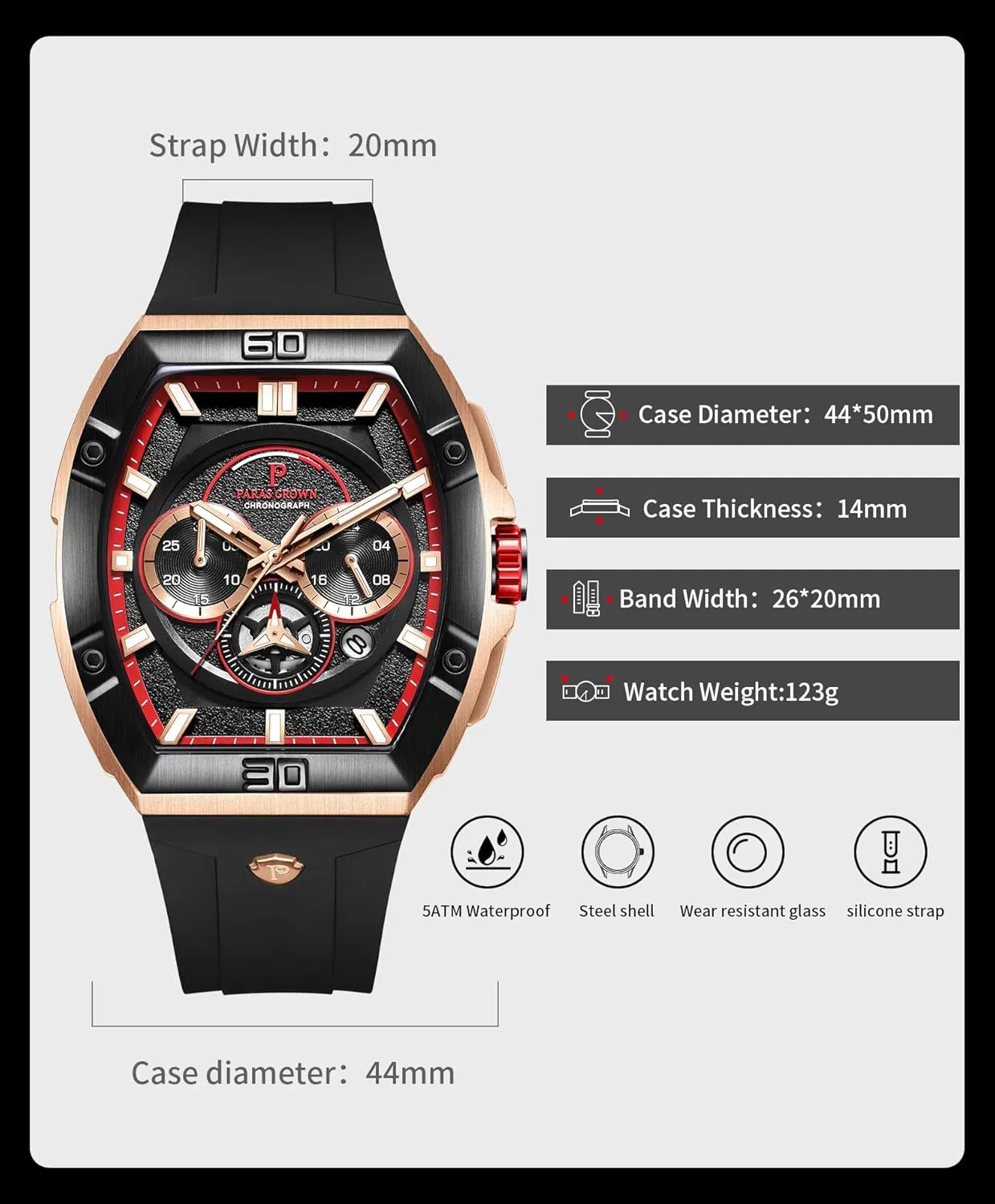 Paras Crown Watches for Men Tonneau 5ATM Waterproof Quartz Luxury Chronograph Analog Men's Wrist Watches Stainless Steel Case Mens Watches