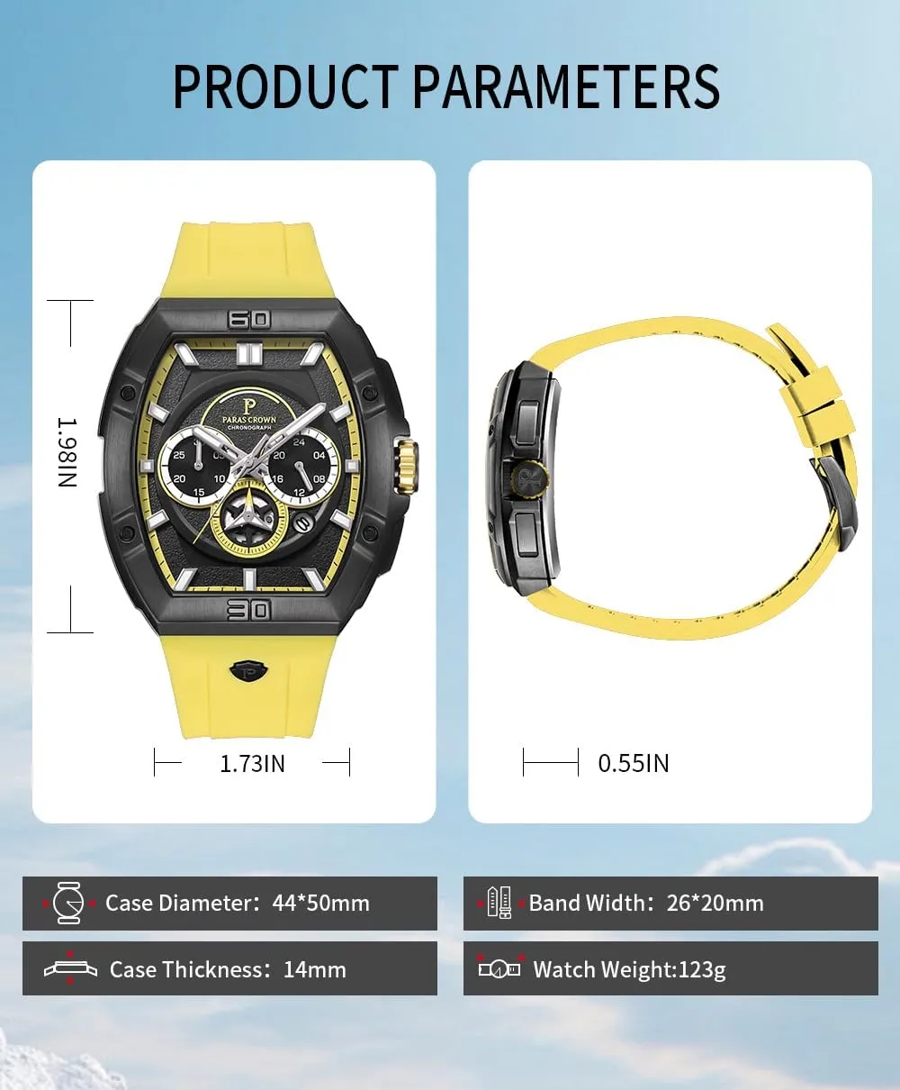 Paras Crown Watches for Men Tonneau 5ATM Waterproof Quartz Luxury Chronograph Analog Men's Wrist Watches Stainless Steel Case Mens Watches