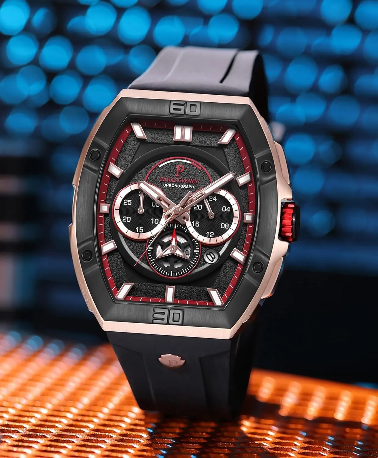 Paras Crown Watches for Men Tonneau 5ATM Waterproof Quartz Luxury Chronograph Analog Men's Wrist Watches Stainless Steel Case Mens Watches