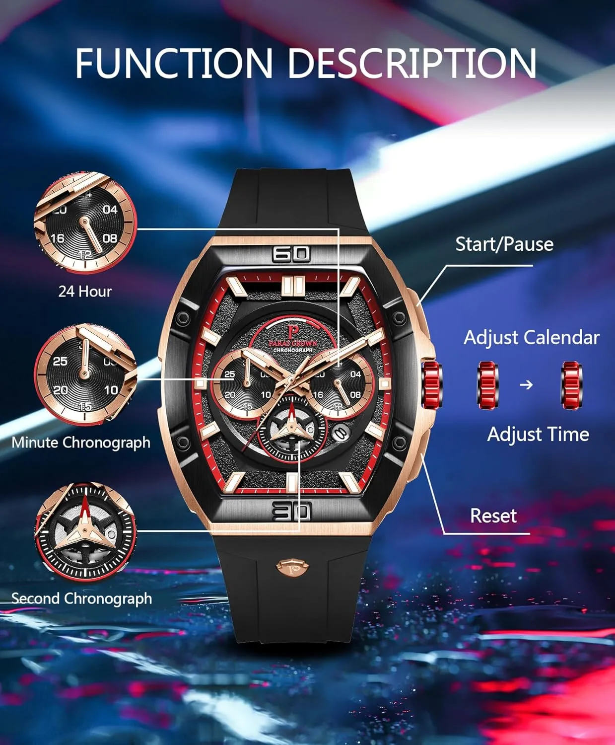 Paras Crown Watches for Men Tonneau 5ATM Waterproof Quartz Luxury Chronograph Analog Men's Wrist Watches Stainless Steel Case Mens Watches