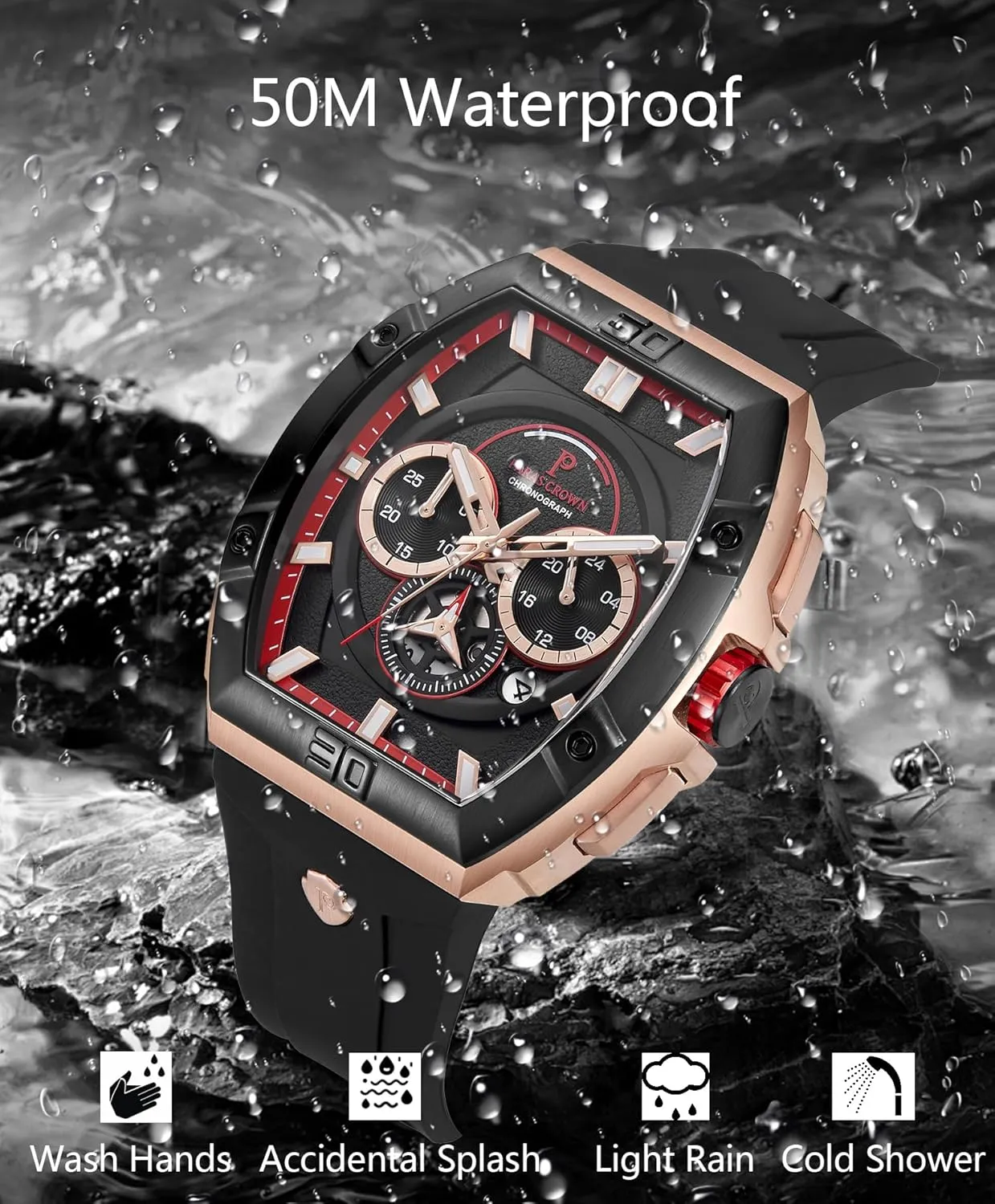 Paras Crown Watches for Men Tonneau 5ATM Waterproof Quartz Luxury Chronograph Analog Men's Wrist Watches Stainless Steel Case Mens Watches