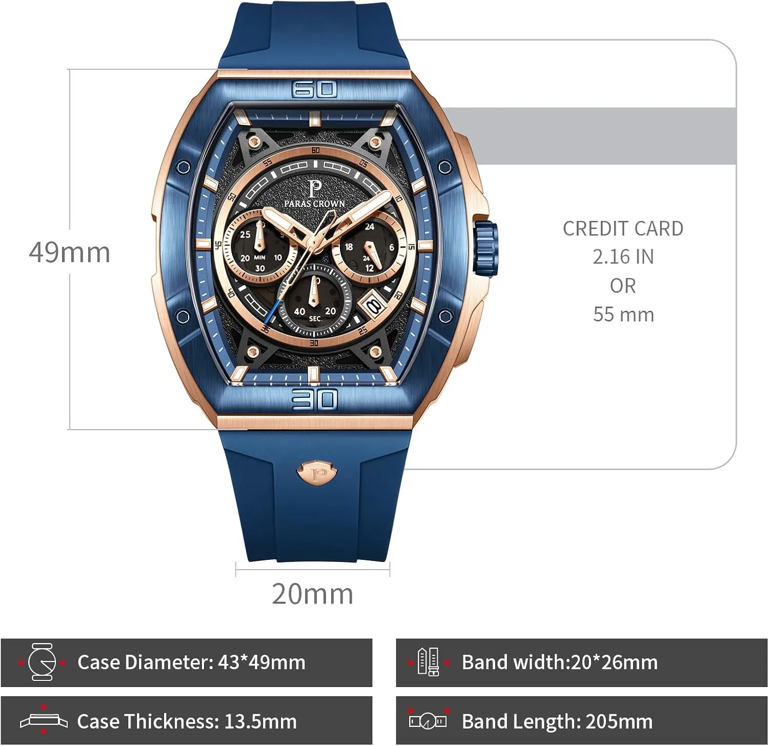 Paras Crown Watches for Men Tonneau 5ATM Waterproof Quartz Luxury Chronograph Analog Men's Wrist Watches Stainless Steel Case Mens Watches
