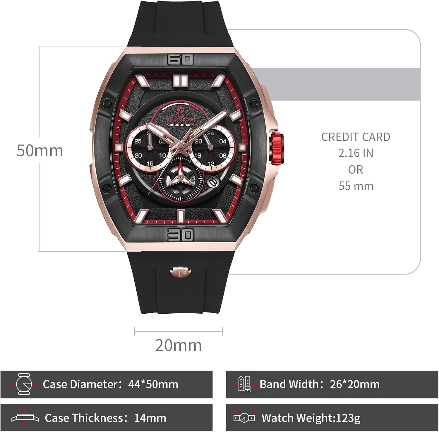 Paras Crown Watches for Men Tonneau 5ATM Waterproof Quartz Luxury Chronograph Analog Men's Wrist Watches Stainless Steel Case Mens Watches