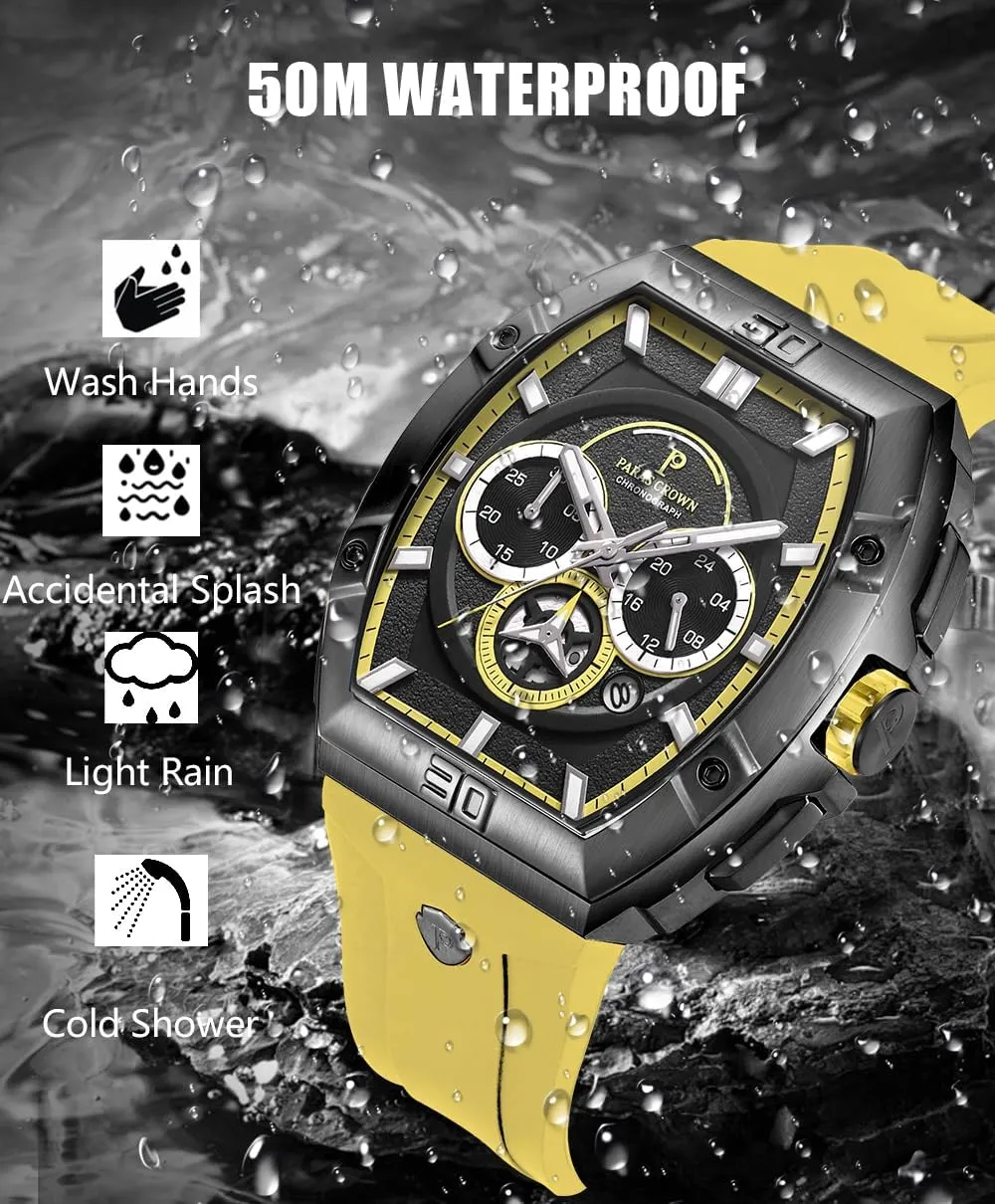 Paras Crown Watches for Men Tonneau 5ATM Waterproof Quartz Luxury Chronograph Analog Men's Wrist Watches Stainless Steel Case Mens Watches