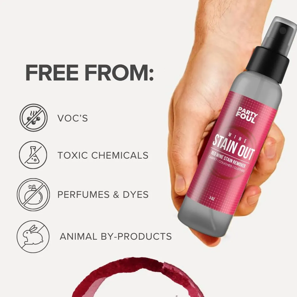 Party Foul Wine Stain Out Spray - Plant Based Red Wine Stain Remover for Clothes, Carpets, & Couches - Spray for Coffee, Tea, & Sports Drinks - Unscented - 3 Ounce (Pack of 3)
