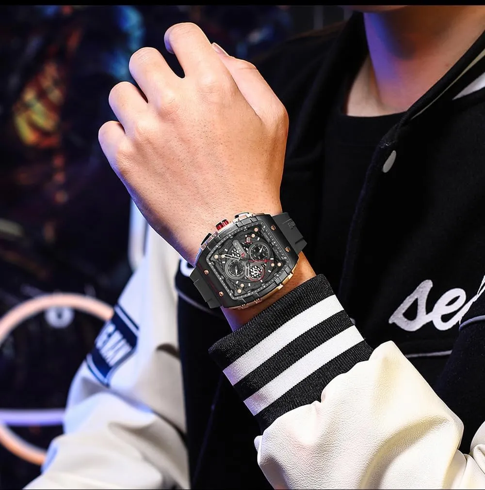 PASOY Luxury Chronograph Watches for Mens Rubber Strap Black Waterproof Date Analog Quartz Watch
