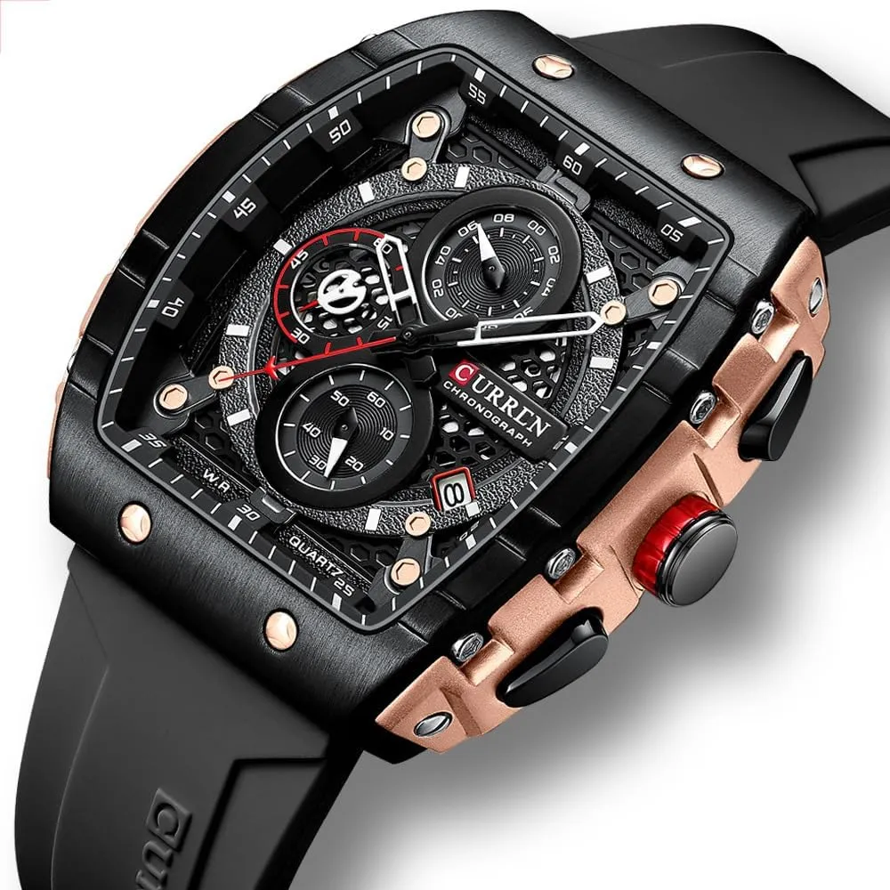 PASOY Luxury Chronograph Watches for Mens Rubber Strap Black Waterproof Date Analog Quartz Watch