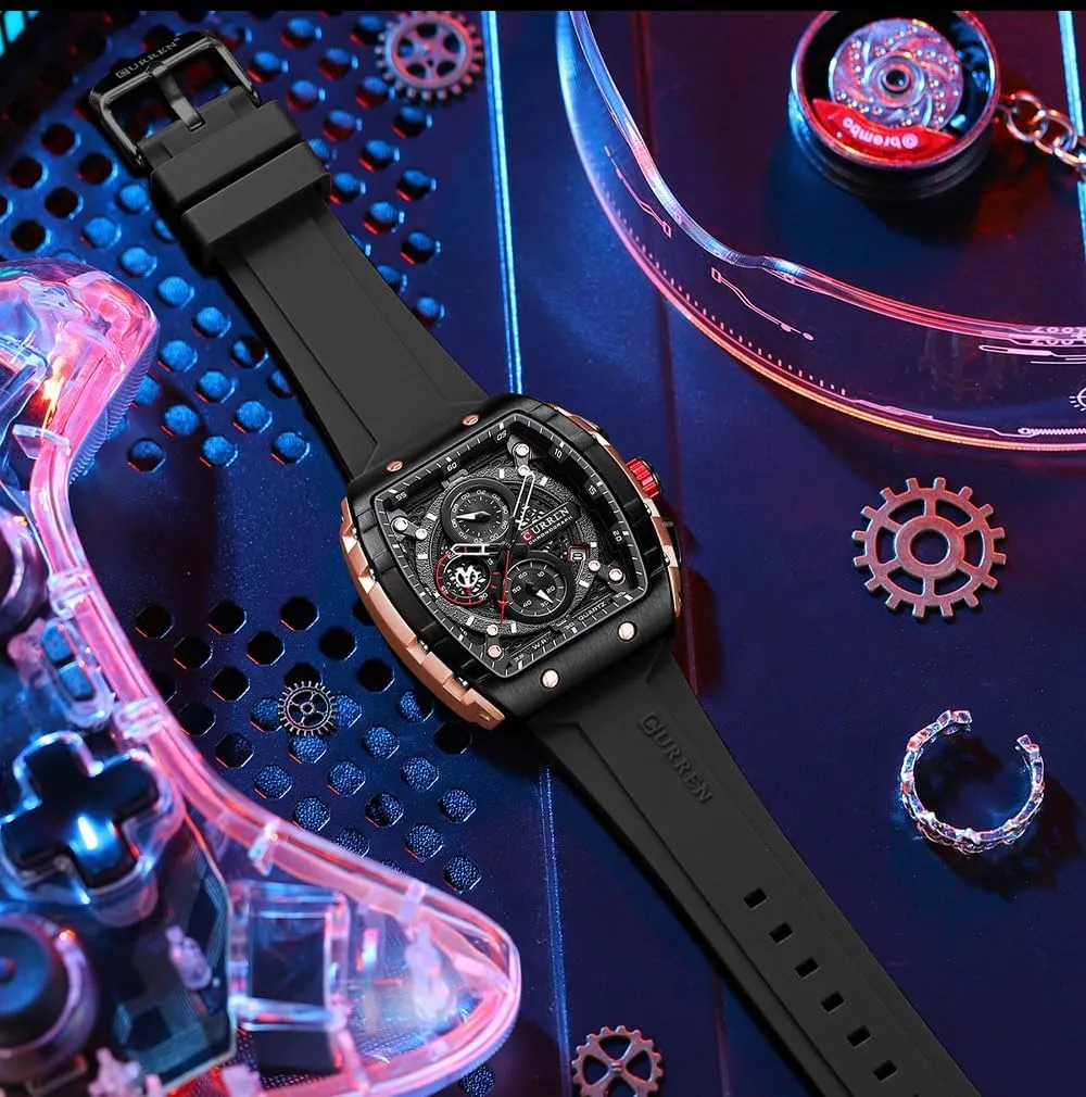 PASOY Luxury Chronograph Watches for Mens Rubber Strap Black Waterproof Date Analog Quartz Watch