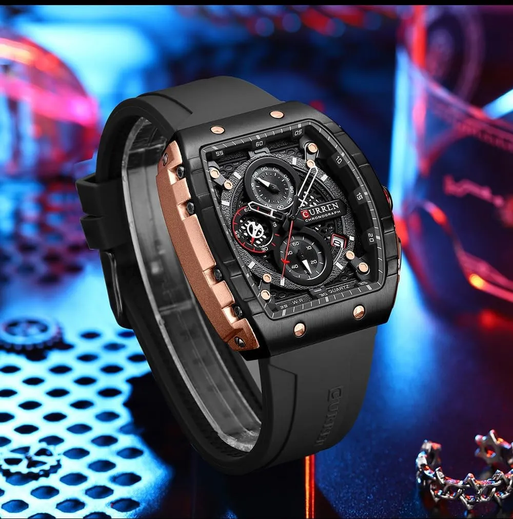 PASOY Luxury Chronograph Watches for Mens Rubber Strap Black Waterproof Date Analog Quartz Watch
