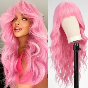 Pastel Pink Wig with Bangs,Natural Curly Synthetic Wig for Party Cosplay Daily Use 26IN