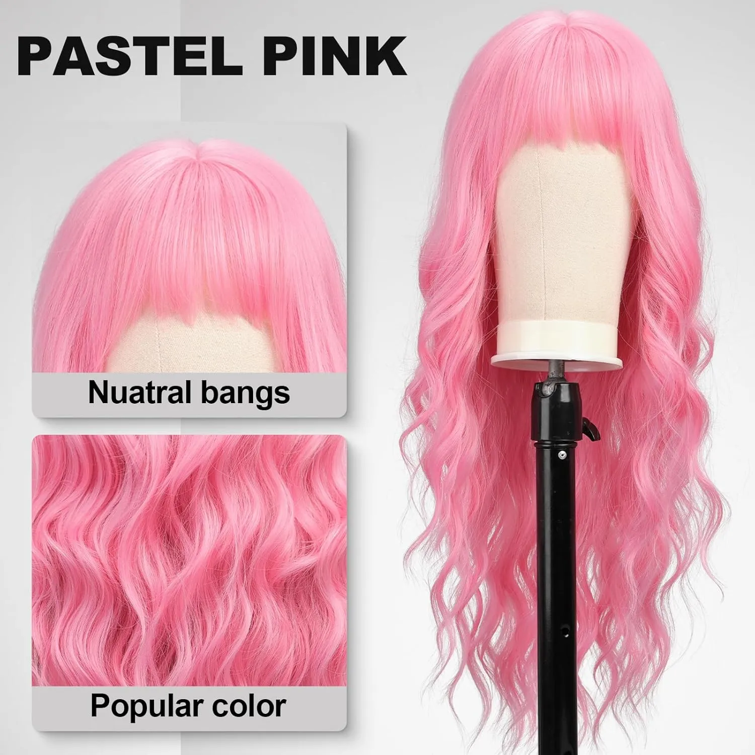 Pastel Pink Wig with Bangs,Natural Curly Synthetic Wig for Party Cosplay Daily Use 26IN
