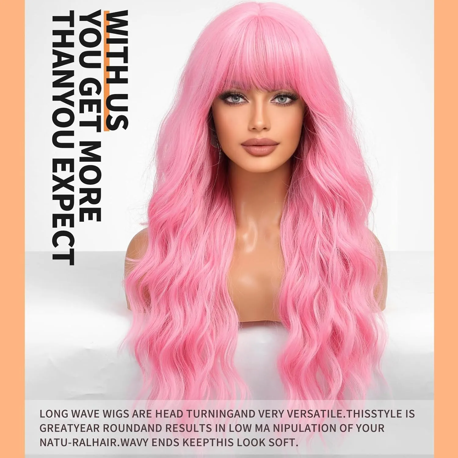 Pastel Pink Wig with Bangs,Natural Curly Synthetic Wig for Party Cosplay Daily Use 26IN