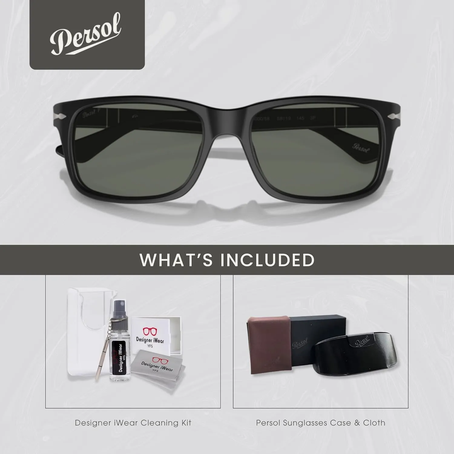 Persol PO3048S Rectangle Sunglasses for Men   BUNDLE With Designer iWear Eyewear Kit