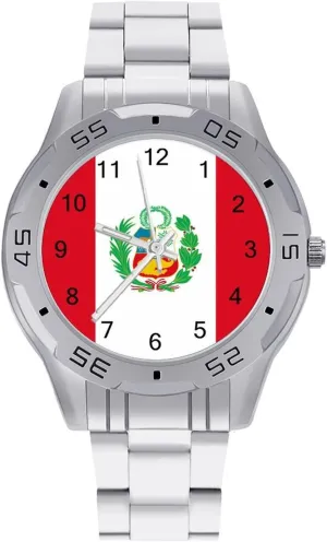Peru Peruvian Flag Simple Stainless Steel Band Business Watch Dress Wrist Unique Luxury Work Casual Waterproof Watches