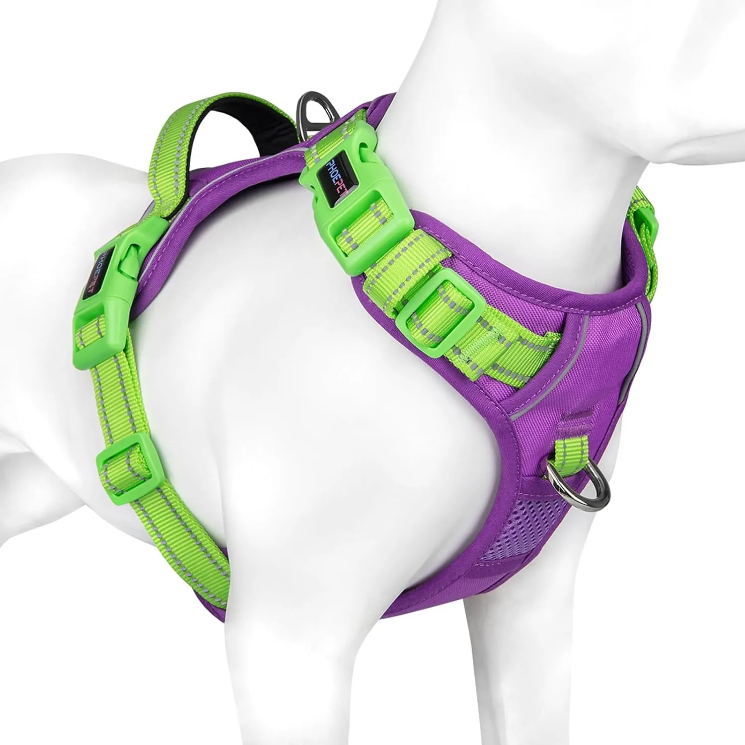 PHOEPET No Pull Dog Harness, Unique Colors Reflective Adjustable Dog Vest, with Soft Training Handle Metal Clips for Small Medium Large Dogs (Purple Base & Green Straps,M)