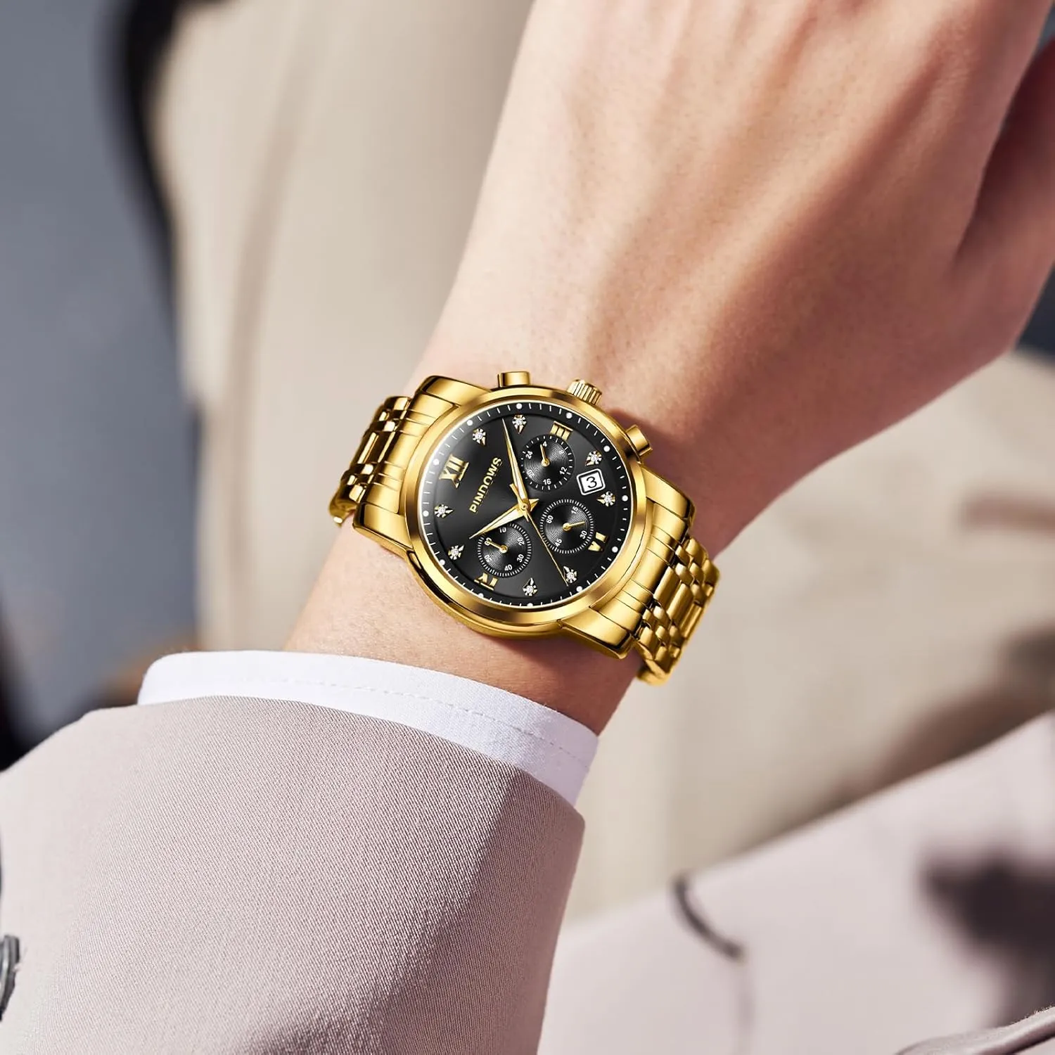 PINDOWS Watches for Men Diamond Date Calendar Quartz Watches Analog Stainless Steel Waterproof Luminous Two Tone Business Watch