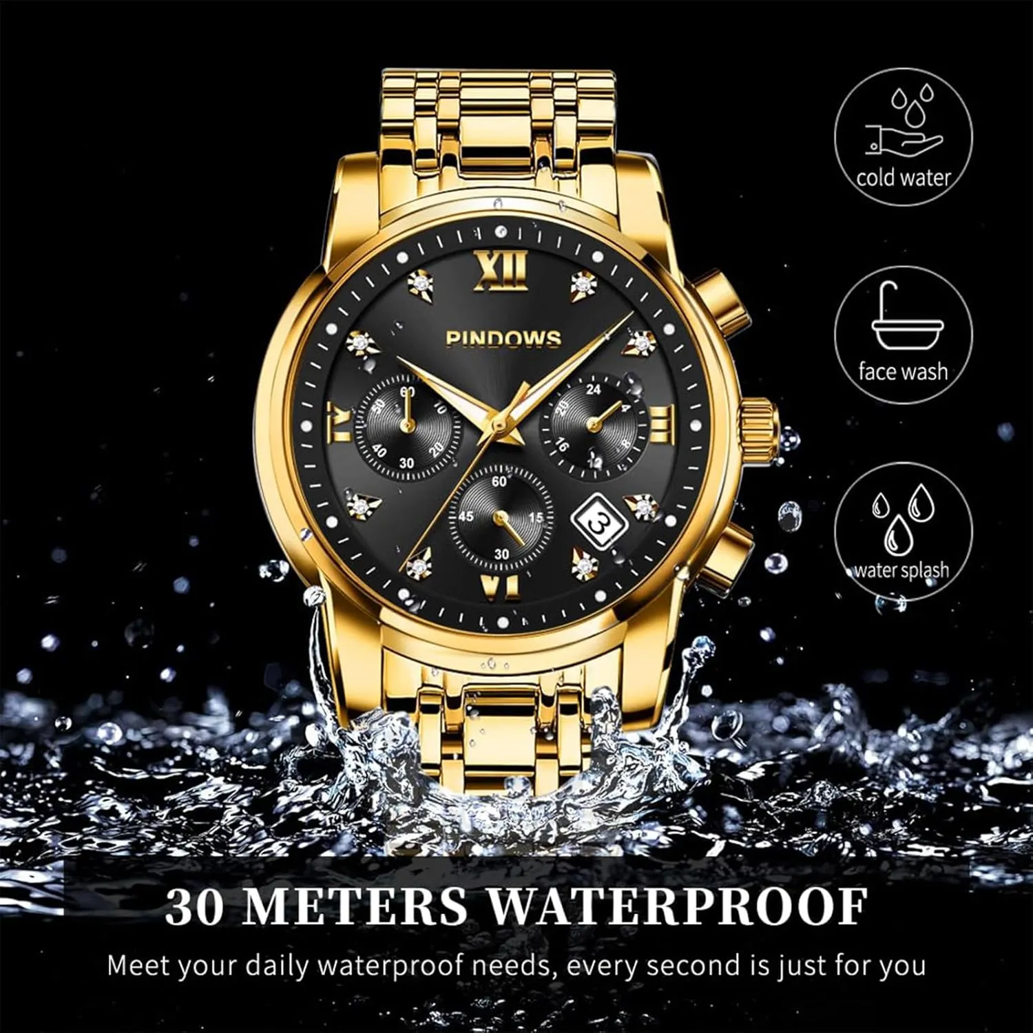 PINDOWS Watches for Men Diamond Date Calendar Quartz Watches Analog Stainless Steel Waterproof Luminous Two Tone Business Watch