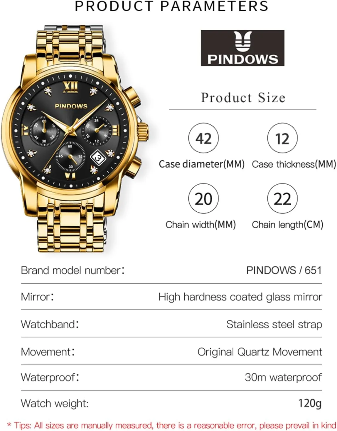 PINDOWS Watches for Men Diamond Date Calendar Quartz Watches Analog Stainless Steel Waterproof Luminous Two Tone Business Watch