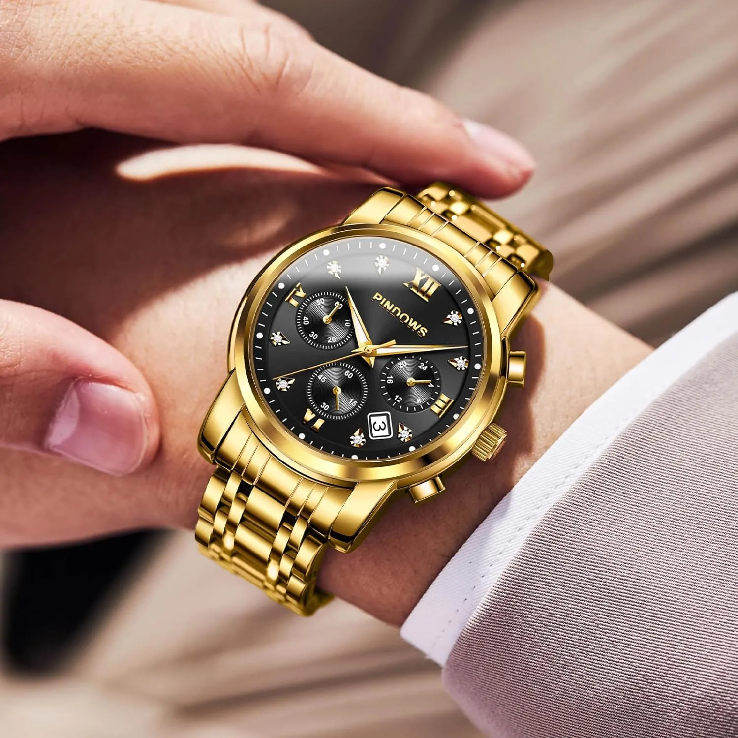 PINDOWS Watches for Men Diamond Date Calendar Quartz Watches Analog Stainless Steel Waterproof Luminous Two Tone Business Watch