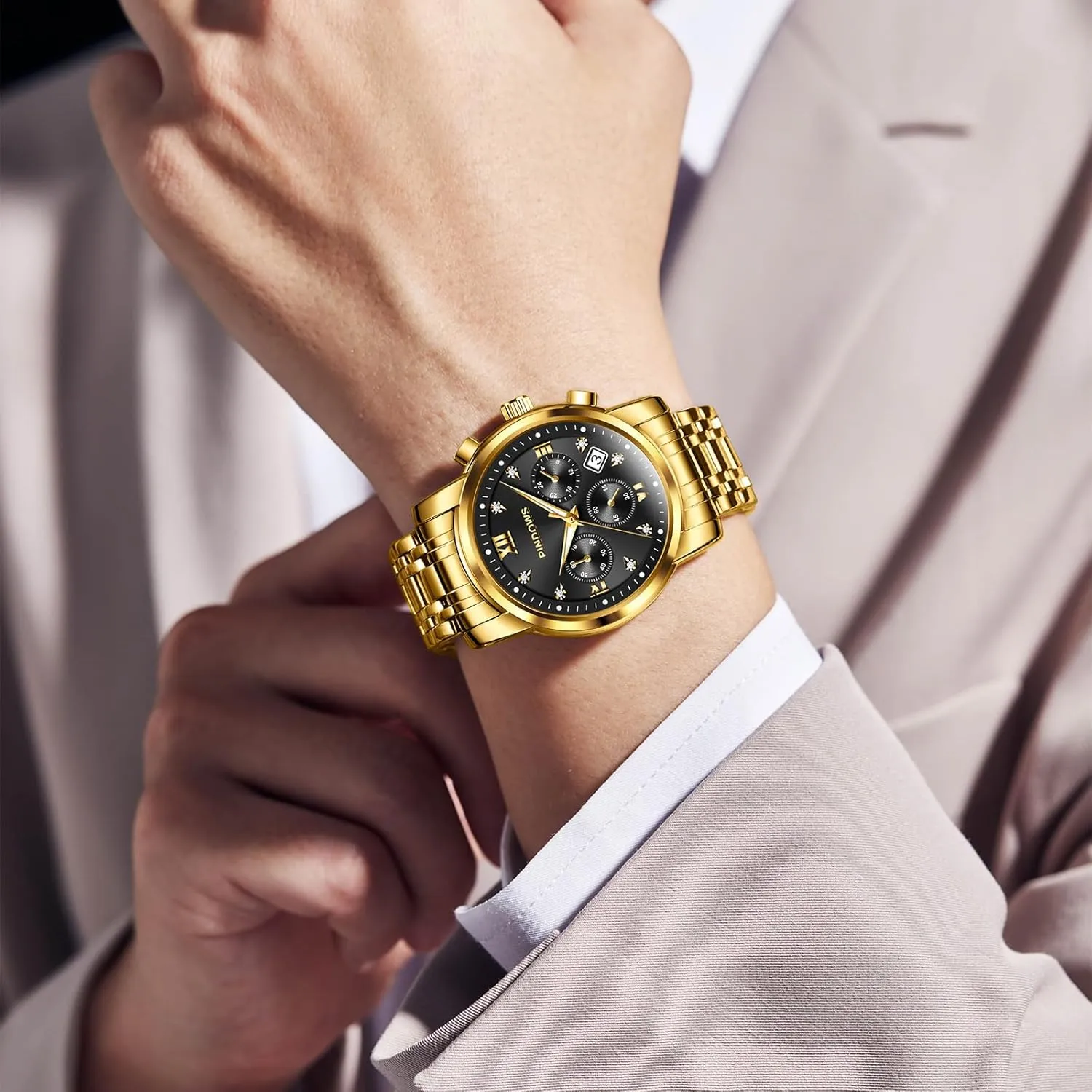 PINDOWS Watches for Men Diamond Date Calendar Quartz Watches Analog Stainless Steel Waterproof Luminous Two Tone Business Watch