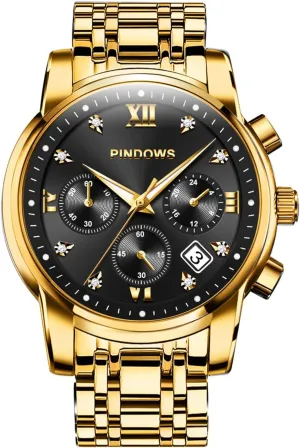 PINDOWS Watches for Men Diamond Date Calendar Quartz Watches Analog Stainless Steel Waterproof Luminous Two Tone Business Watch