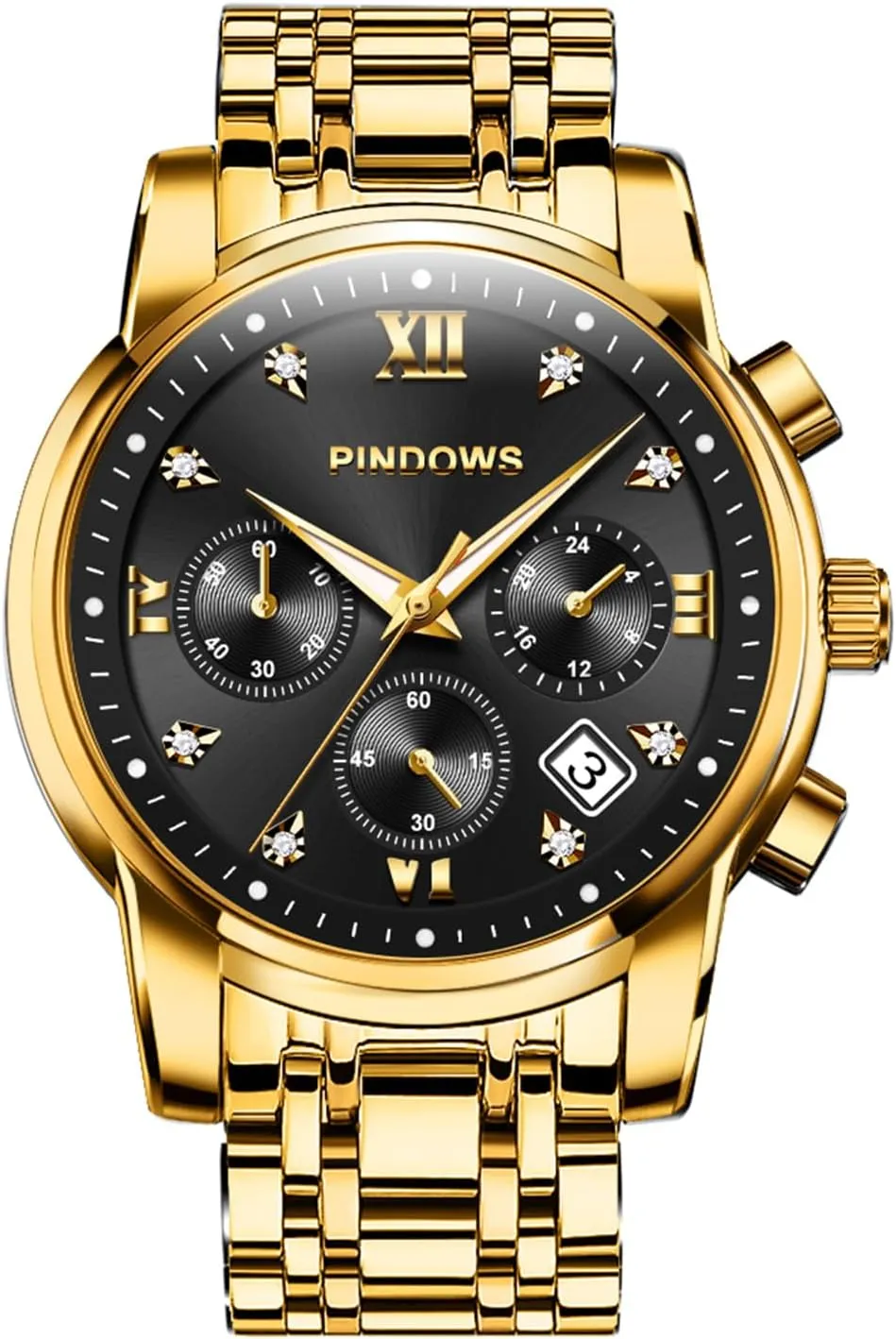 PINDOWS Watches for Men Diamond Date Calendar Quartz Watches Analog Stainless Steel Waterproof Luminous Two Tone Business Watch