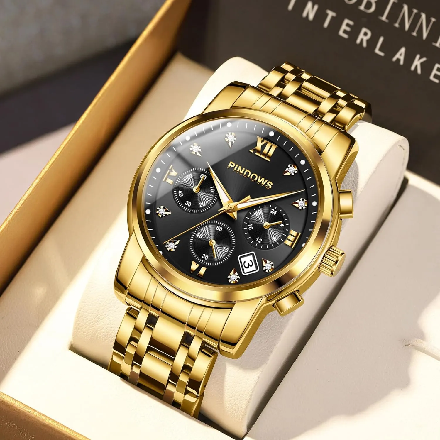 PINDOWS Watches for Men Diamond Date Calendar Quartz Watches Analog Stainless Steel Waterproof Luminous Two Tone Business Watch