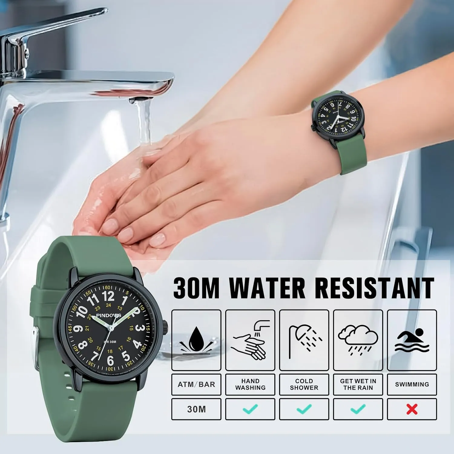 PINDOWS Women Analog Quartz Wrist Watch with Silicone Strap for Young Women Students Easy Read Waterproof Unisex Luminous Dial